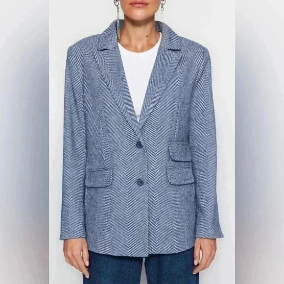 NWT Trendyol Blue Herringbone Tweed Blazer Sz 8 Item#20 - Picture 2 of 14